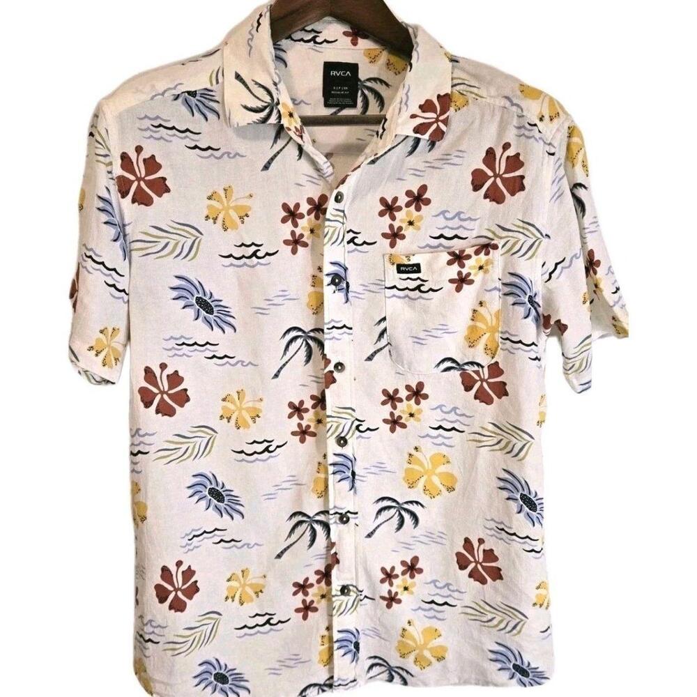 RVCA Mens Small Linen Blend Hawaiian Shirt Floral Aloha Button Up Short Sleeve